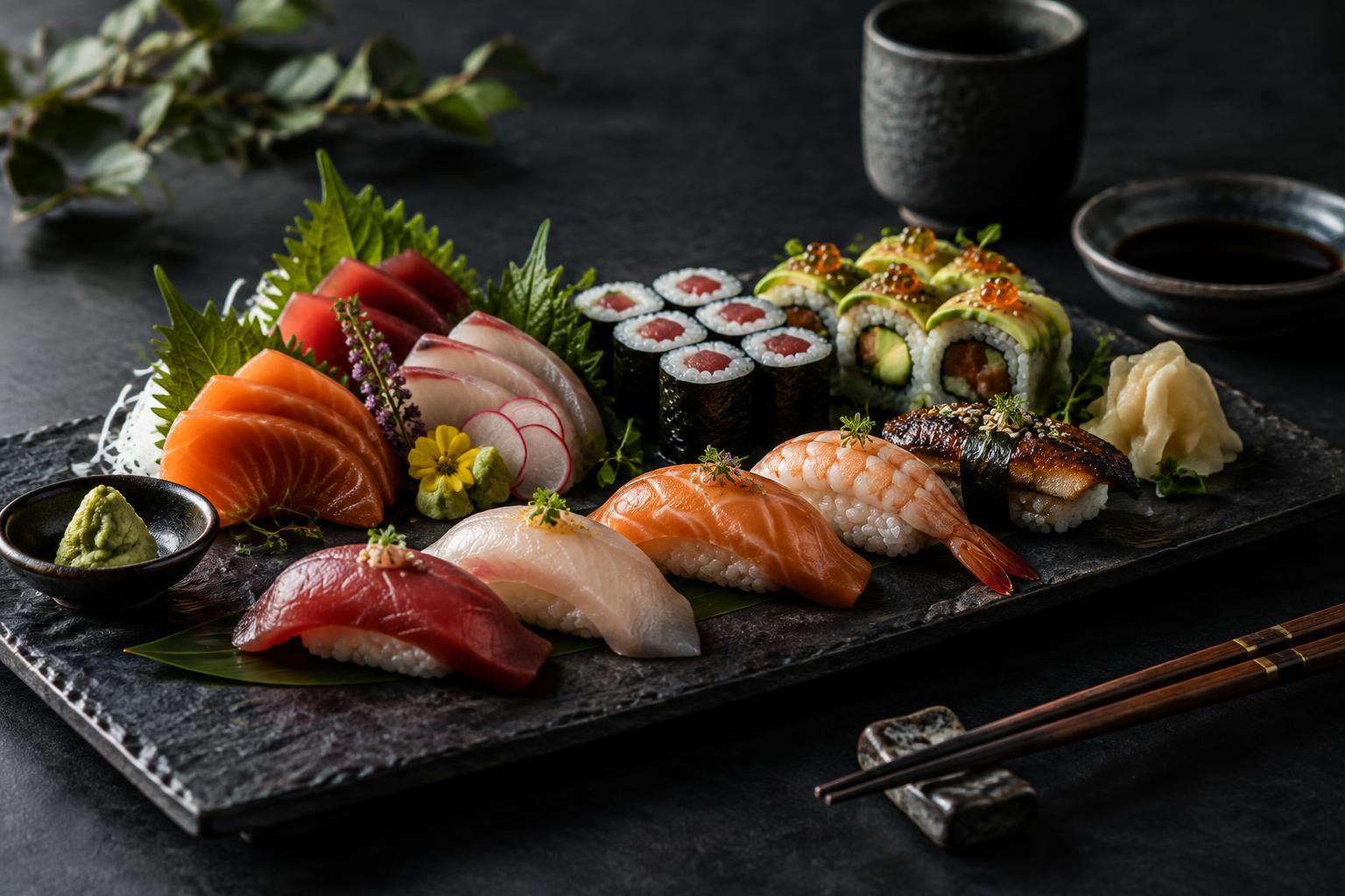 Elegant omakase-fat med nigiri, maki och sashimi på mörk keramik